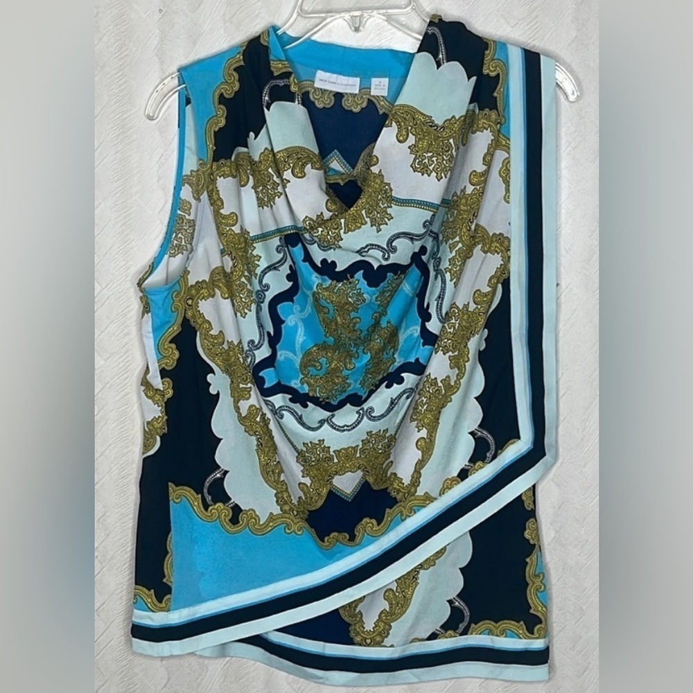 Elegant Blue and Gold Scarf Print Sleeveless Blouse/Tank